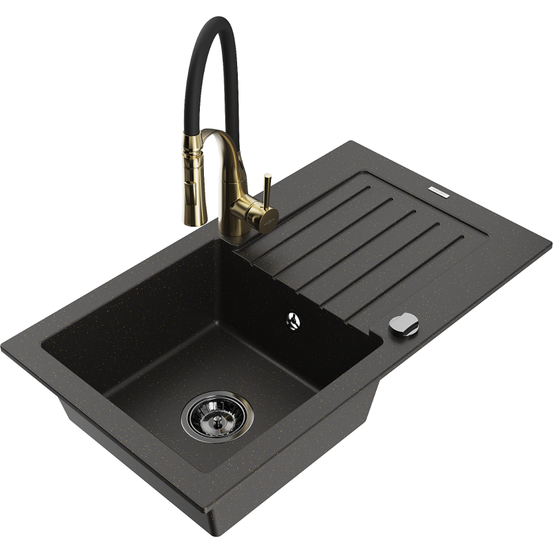Mexen Pablo Granitspüle 1-becken mit Abtropffläche und Küchenarmatur Aster, schwarz/gold metallic - 6510-75-73450-57-B