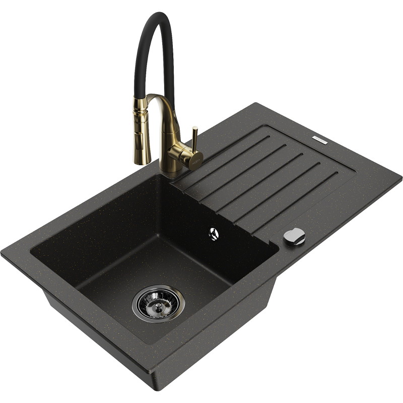 Mexen Pablo Granitspüle 1-beckig mit Abtropffläche und Küchenarmatur Aster, schwarz/gold metallic - 6510-75-73450-57-B