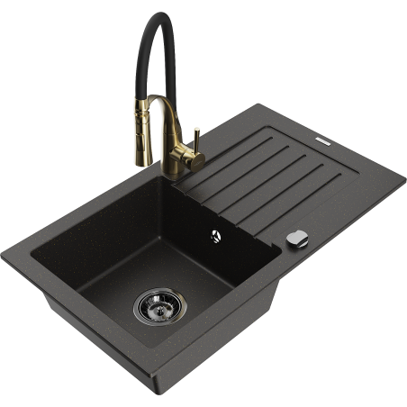 Mexen Pablo Granitspüle 1-becken mit Abtropffläche und Küchenarmatur Aster, schwarz/gold metallic - 6510-75-73450-57-B