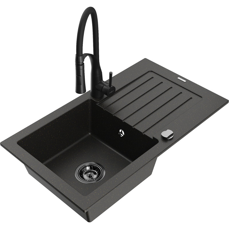 Mexen Pablo Granitspüle 1-Becken mit Abtropffläche und Küchenarmatur Aster, schwarz/gold metallic - 6510-75-73450-70-B