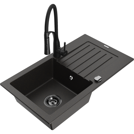 Mexen Pablo Granitspüle 1-Becken mit Abtropffläche und Küchenarmatur Aster, schwarz/goldener Metallic - 6510-75-73450-70-B