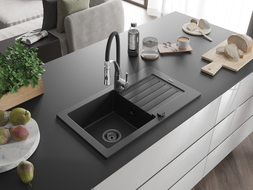 Mexen Pablo Granitspüle 1-Becken mit Abtropffläche und Küchenarmatur Aster, schwarz - 6510-77-73450-07-B