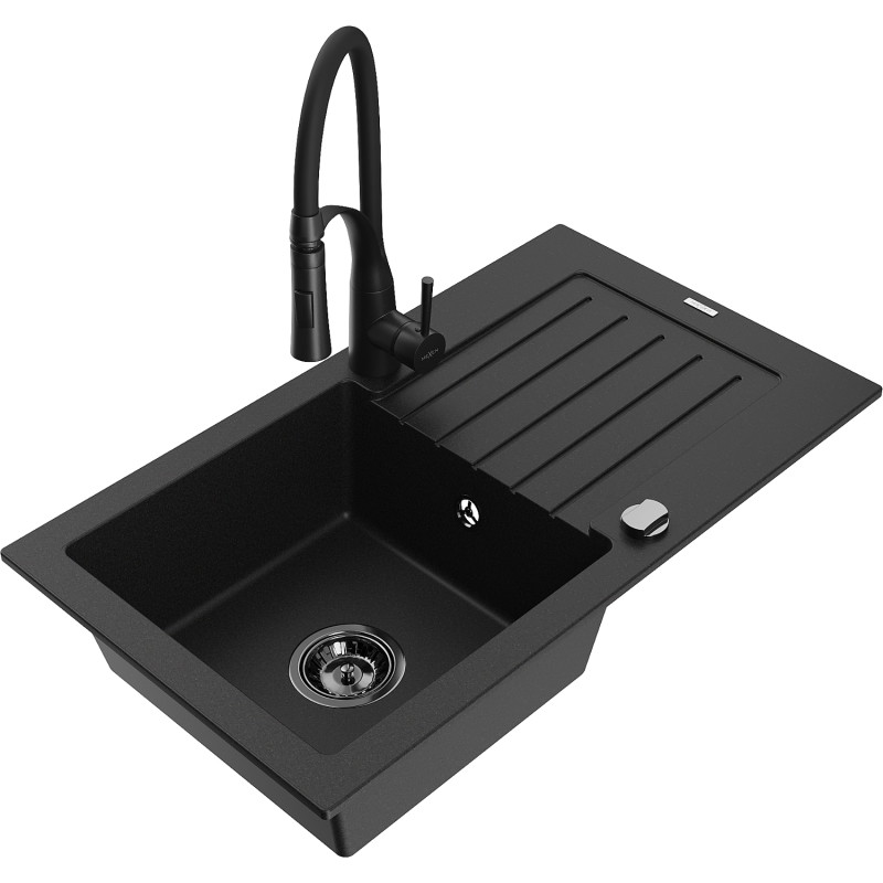 Mexen Pablo 1-beckiger Granitspüle mit Abtropffläche und Küchenarmatur Aster, schwarz - 6510-77-73450-70-B