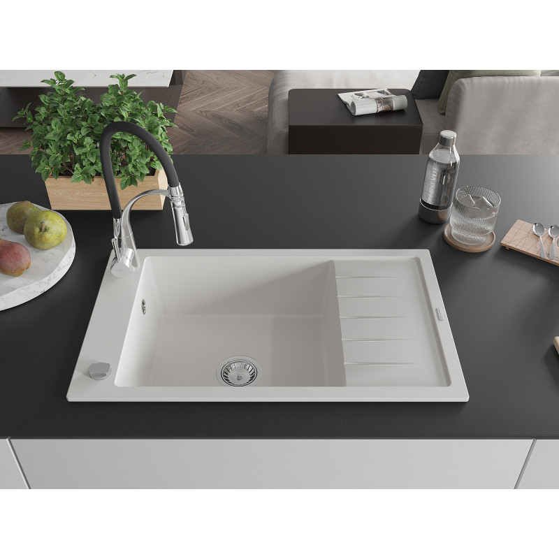 Mexen Elias Granitspüle 1-becken mit Abtropffläche und Küchenarmatur Aster, weiß - 6511-20-73450-07