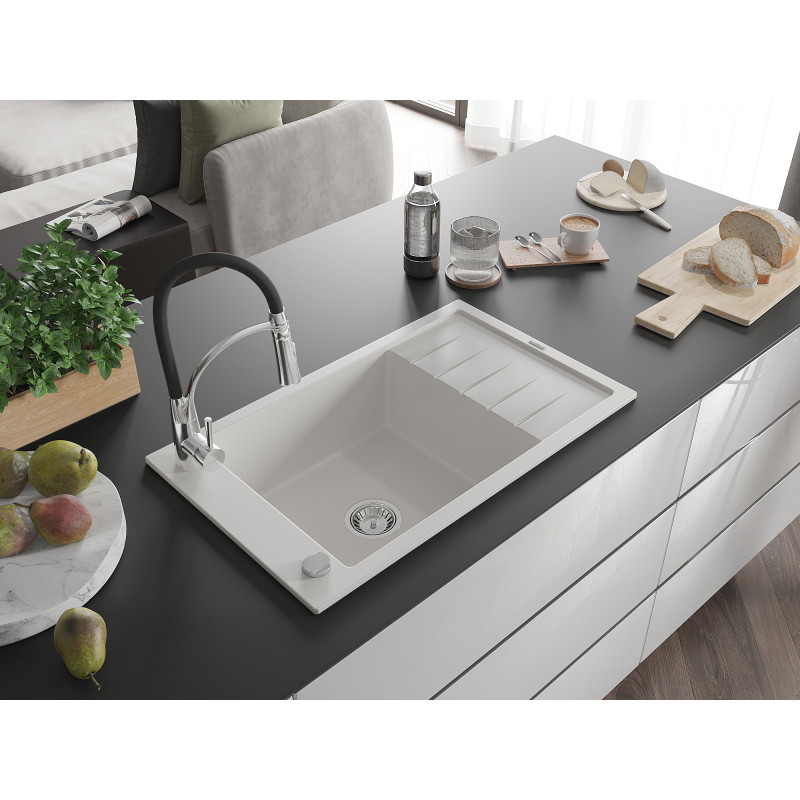 Mexen Elias Granitspüle 1-becken mit Abtropffläche und Küchenarmatur Aster, weiß - 6511-20-73450-07