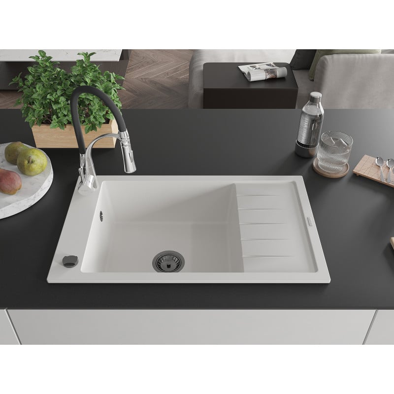 Mexen Elias Granitspüle 1-Becken mit Abtropffläche und Küchenarmatur Aster, weiß - 6511-20-73450-07-B