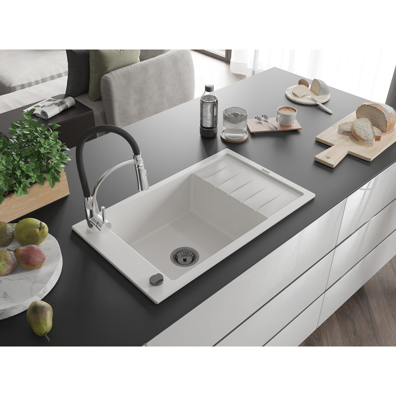Mexen Elias Granitspüle 1-Becken mit Abtropffläche und Küchenarmatur Aster, weiß - 6511-20-73450-07-B