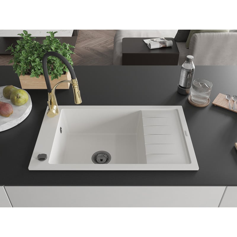 Mexen Elias Granitspüle 1-Becken mit Abtropffläche und Küchenarmatur Aster, weiß - 6511-20-73450-57-B