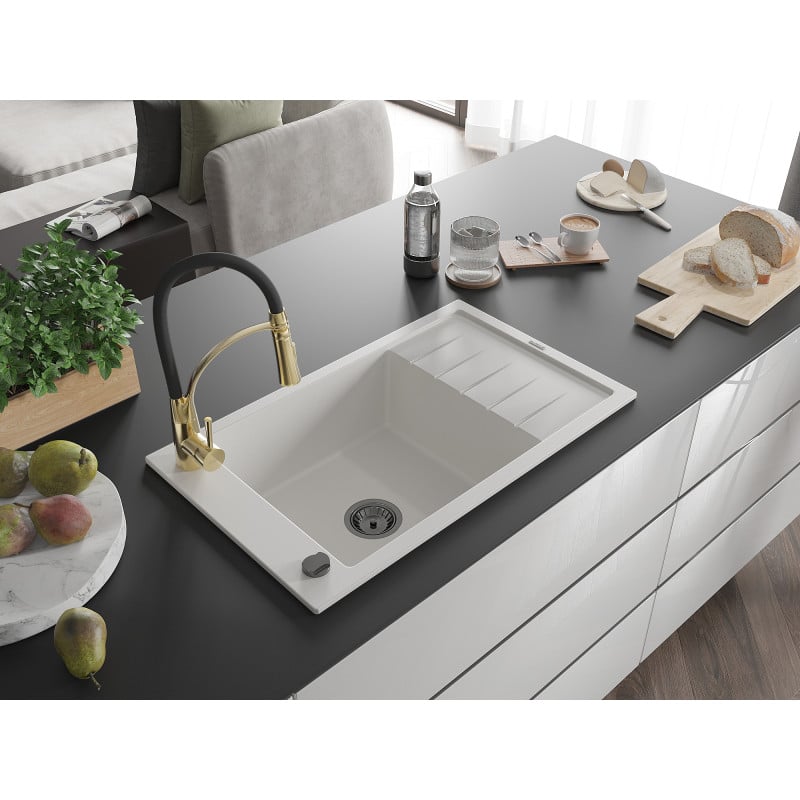 Mexen Elias Granitspüle 1-Becken mit Abtropffläche und Küchenarmatur Aster, weiß - 6511-20-73450-57-B