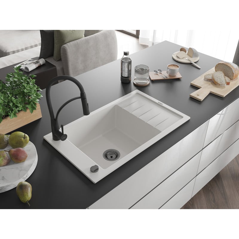 Mexen Elias Granitspüle 1-Becken mit Abtropffläche und Küchenarmatur Aster, weiß - 6511-20-73450-70-B