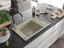 Mexen Elias Granitspüle 1-Becken mit Abtropffläche und Küchenarmatur Aster, beige - 6511-69-73450-07