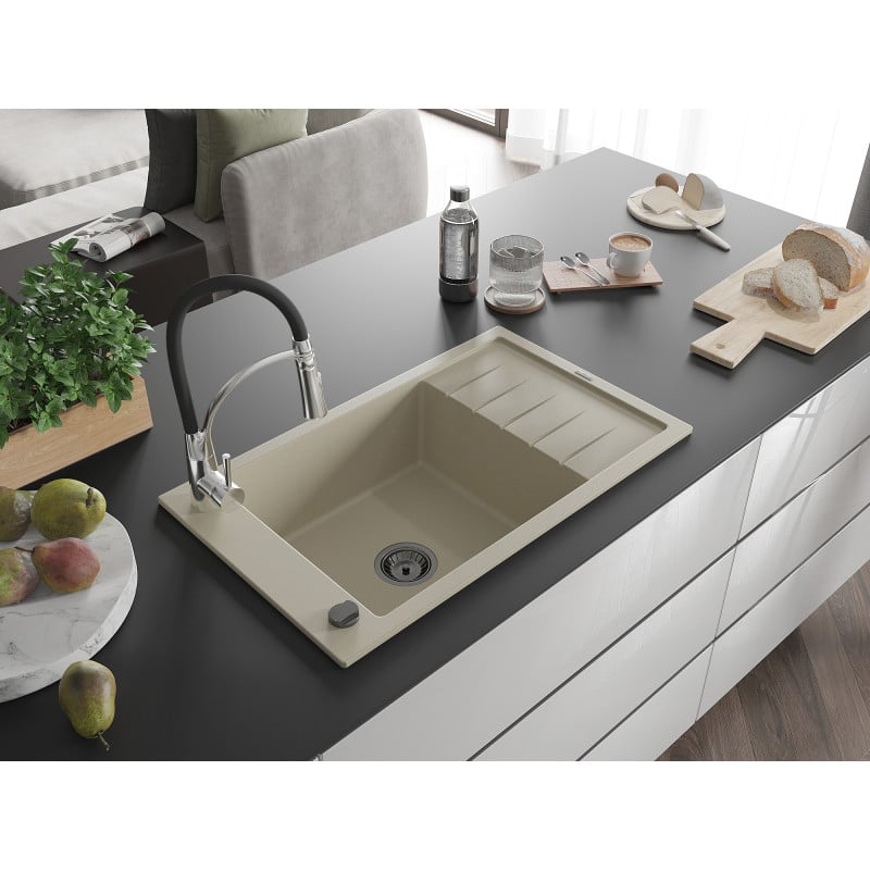 Mexen Elias Granitspüle 1-becken mit Abtropffläche und Küchenarmatur Aster, beige - 6511-69-73450-07-B