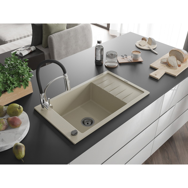 Mexen Elias Granitspüle 1-beckig mit Abtropffläche und Küchenarmatur Aster, beige - 6511-69-73450-07-B
