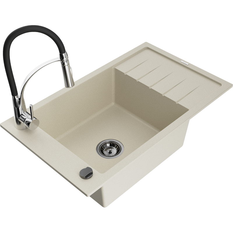 Mexen Elias Granitspüle 1-becken mit Abtropffläche und Küchenarmatur Aster, beige - 6511-69-73450-07-B