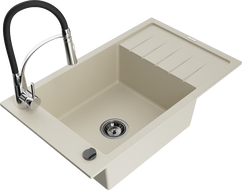 Mexen Elias Granitspüle 1-becken mit Abtropffläche und Küchenarmatur Aster, beige - 6511-69-73450-07-B