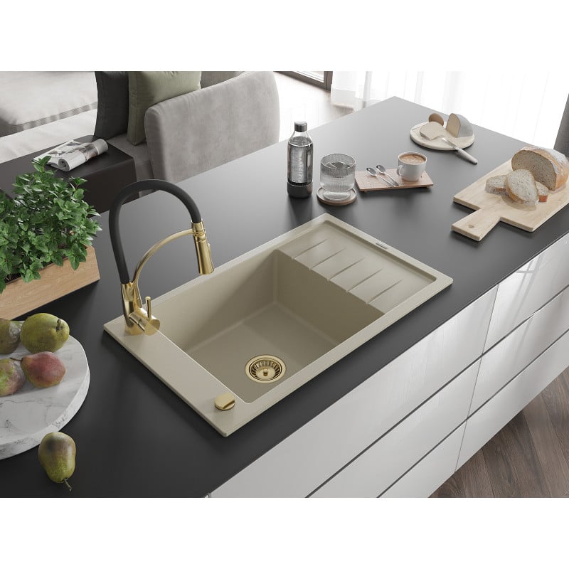 Mexen Elias Granitspüle 1-Becken mit Abtropffläche und Küchenarmatur Aster, beige - 6511-69-73450-57-G