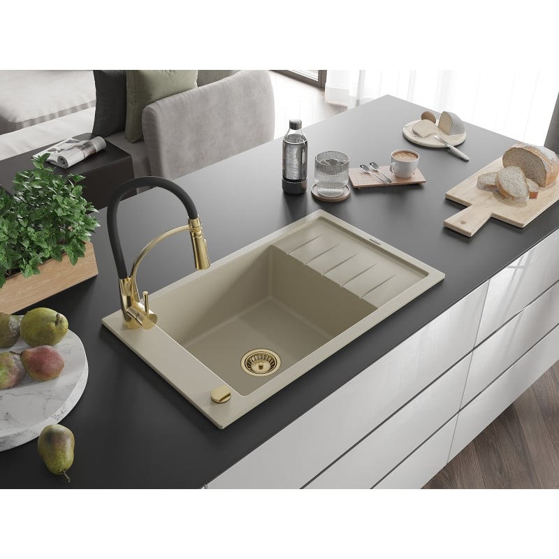 Mexen Elias Granitspüle einbecken mit Abtropffläche und Küchenarmatur Aster, beige - 6511-69-73450-57-G