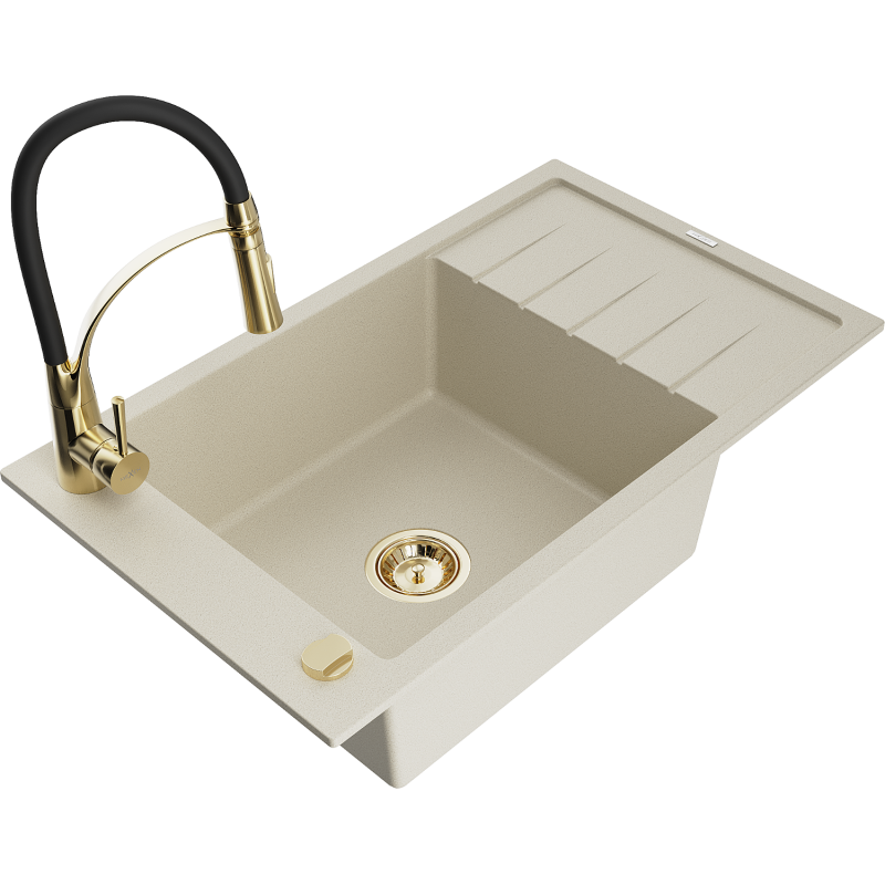 Mexen Elias Granitspüle 1-Becken mit Abtropffläche und Küchenarmatur Aster, beige - 6511-69-73450-57-G