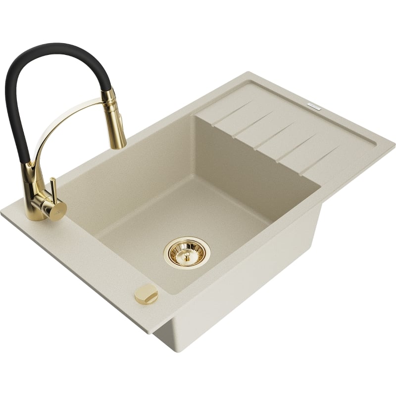 Mexen Elias Granitspüle einbecken mit Abtropffläche und Küchenarmatur Aster, beige - 6511-69-73450-57-G