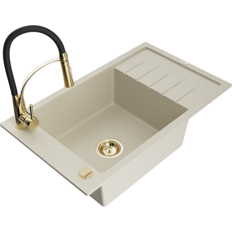 Mexen Elias Granitspüle 1-Becken mit Abtropffläche und Küchenarmatur Aster, beige - 6511-69-73450-57-G