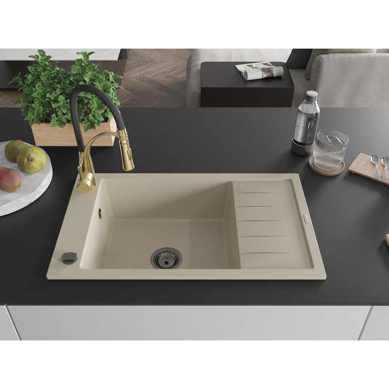 Mexen Elias Granitspüle 1-Becken mit Abtropffläche und Küchenarmatur Aster, beige - 6511-69-73450-57-B