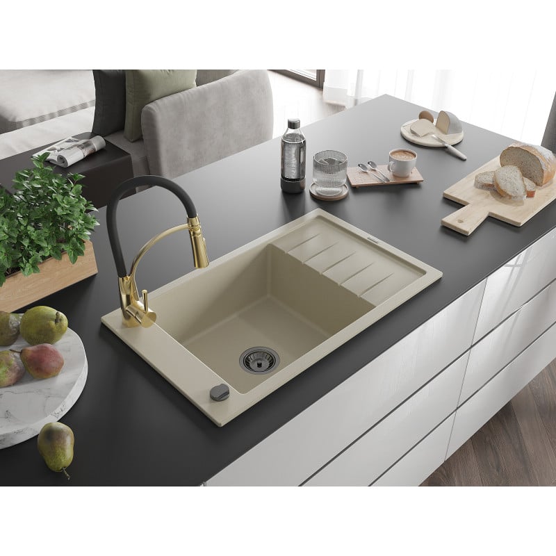 Mexen Elias Granitspüle mit 1 Becken, Abtropffläche und Küchenarmatur Aster, beige - 6511-69-73450-57-B