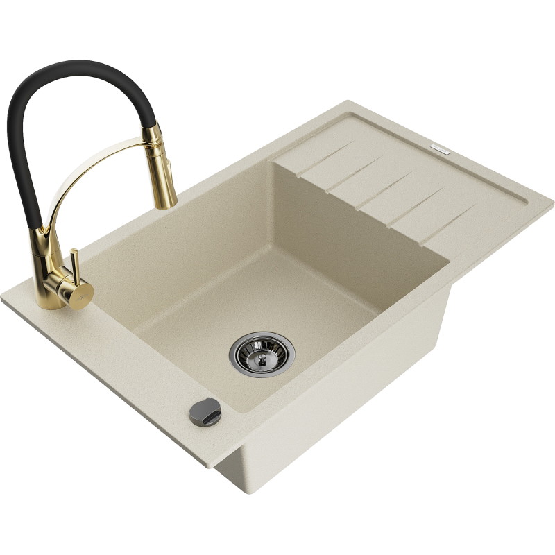Mexen Elias Granitspüle 1-Becken mit Abtropffläche und Küchenarmatur Aster, beige - 6511-69-73450-57-B