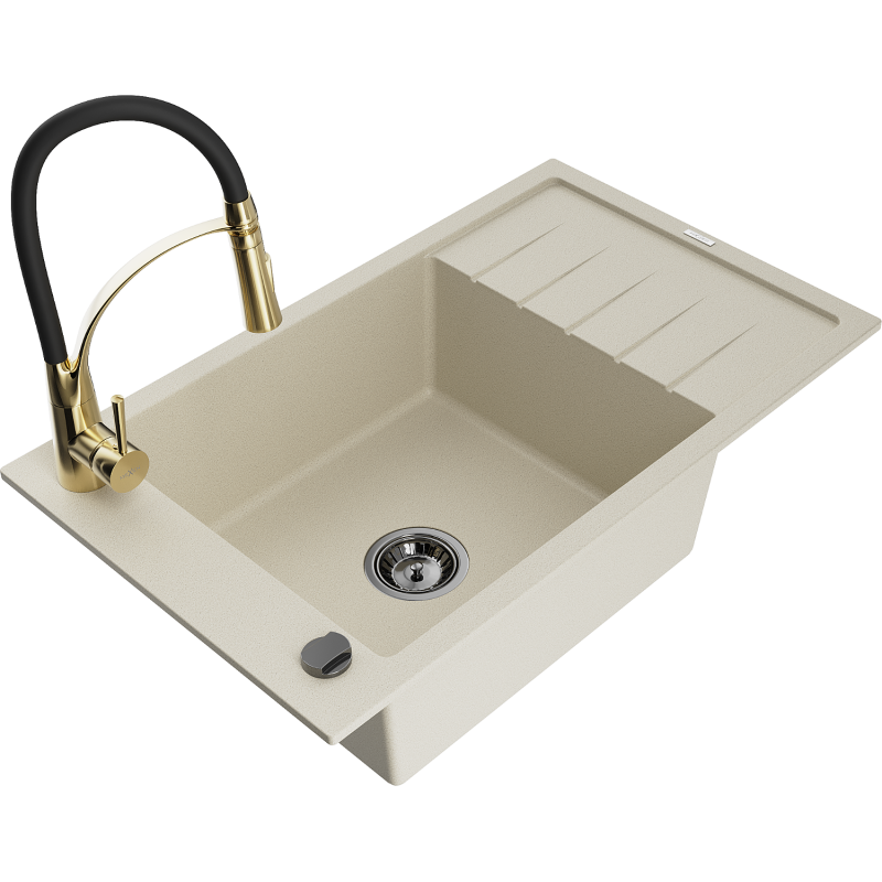 Mexen Elias Granitspüle mit 1 Becken, Abtropffläche und Küchenarmatur Aster, beige - 6511-69-73450-57-B