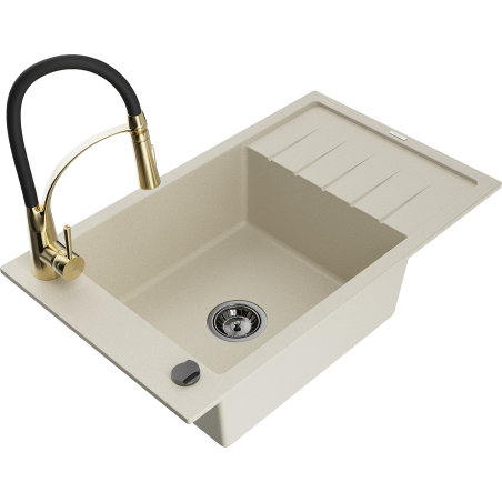 Mexen Elias Granitspüle mit 1 Becken, Abtropffläche und Küchenarmatur Aster, beige - 6511-69-73450-57-B