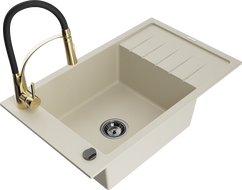 Mexen Elias Granitspüle mit 1 Becken, Abtropffläche und Küchenarmatur Aster, beige - 6511-69-73450-57-B
