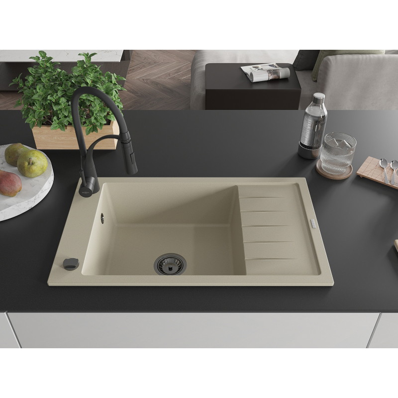 Mexen Elias Granitspüle 1-Becken mit Abtropffläche und Küchenarmatur Aster, beige - 6511-69-73450-70-B