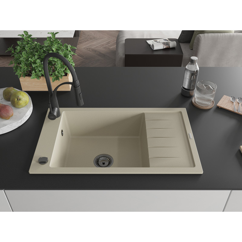 Mexen Elias Granitspüle 1-beckig mit Abtropffläche und Küchenarmatur Aster, beige - 6511-69-73450-70-B