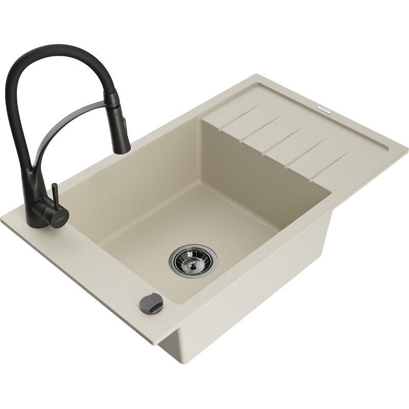 Mexen Elias Granitspüle 1-Becken mit Abtropffläche und Küchenarmatur Aster, beige - 6511-69-73450-70-B