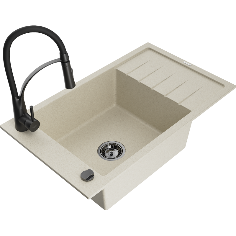 Mexen Elias Granitspüle 1-beckig mit Abtropffläche und Küchenarmatur Aster, beige - 6511-69-73450-70-B
