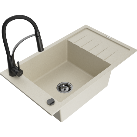 Mexen Elias Granitspüle 1-Becken mit Abtropffläche und Küchenarmatur Aster, beige - 6511-69-73450-70-B