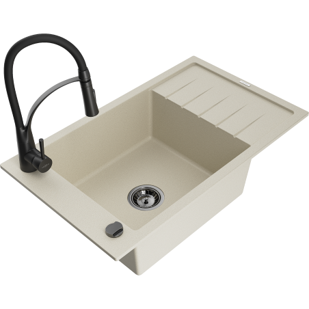 Mexen Elias Granitspüle 1-beckig mit Abtropffläche und Küchenarmatur Aster, beige - 6511-69-73450-70-B