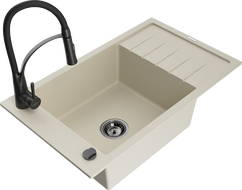 Mexen Elias Granitspüle 1-beckig mit Abtropffläche und Küchenarmatur Aster, beige - 6511-69-73450-70-B