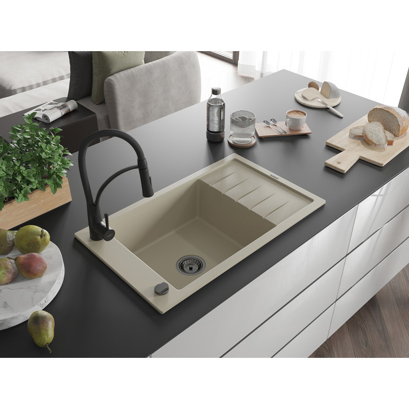 Mexen Elias Granitspüle 1-beckig mit Abtropffläche und Küchenarmatur Aster, beige - 6511-69-73450-70-B