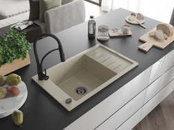 Mexen Elias Granitspüle 1-beckig mit Abtropffläche und Küchenarmatur Aster, beige - 6511-69-73450-70-B