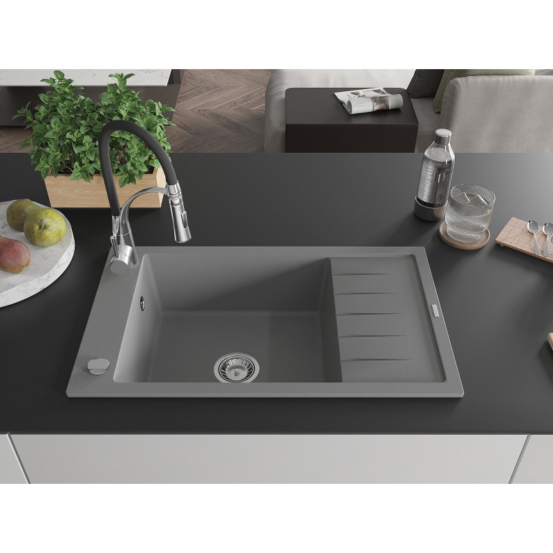 Mexen Elias Granitspüle 1-Becken mit Abtropffläche und Küchenarmatur Aster, grau - 6511-71-73450-07