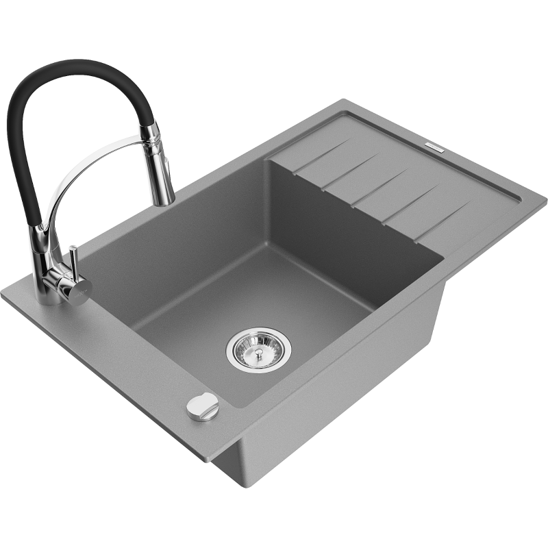 Mexen Elias 1-Becken Granitspüle mit Abtropffläche und Küchenarmatur Aster, grau - 6511-71-73450-07