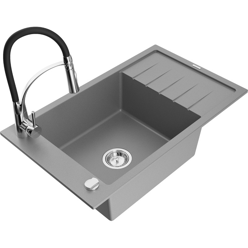 Mexen Elias Granitspüle 1-Becken mit Abtropffläche und Küchenarmatur Aster, grau - 6511-71-73450-07