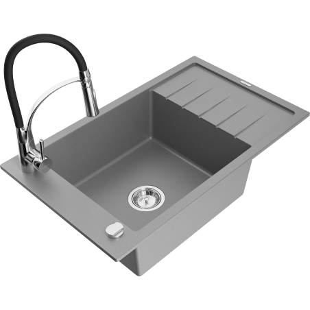 Mexen Elias Granitspüle 1-Becken mit Abtropffläche und Küchenarmatur Aster, grau - 6511-71-73450-07