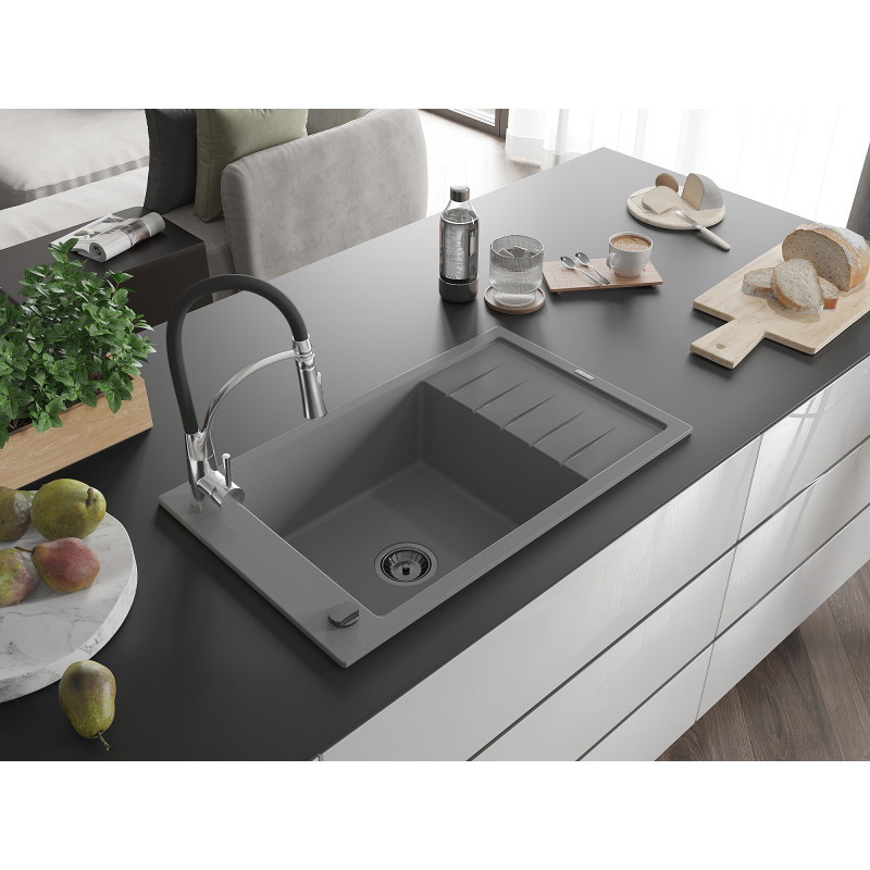 Mexen Elias Granitspüle 1-Becken mit Ablaufbrett und Küchenarmatur Aster, grau - 6511-71-73450-07-B