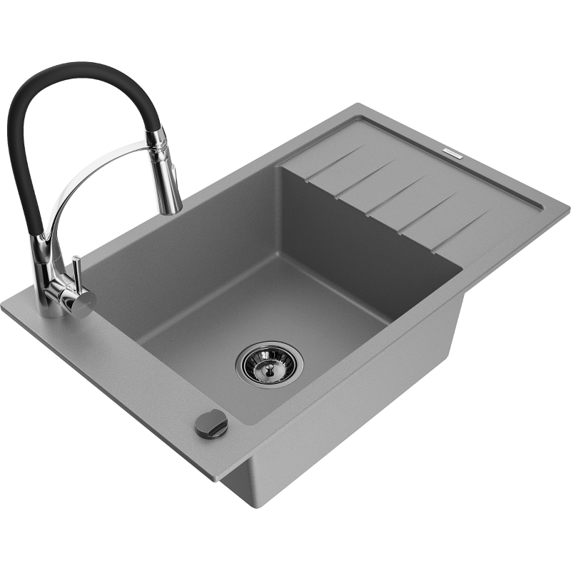 Mexen Elias Granitspüle 1-Becken mit Ablaufbrett und Küchenarmatur Aster, grau - 6511-71-73450-07-B