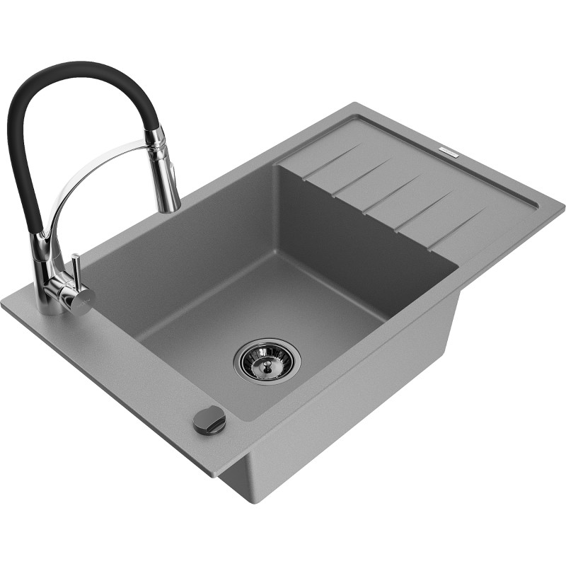 Mexen Elias Granitspüle 1-Becken mit Abtropffläche und Küchenarmatur Aster, grau - 6511-71-73450-07-B