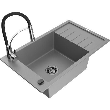 Mexen Elias Granitspüle 1-Becken mit Ablaufbrett und Küchenarmatur Aster, grau - 6511-71-73450-07-B