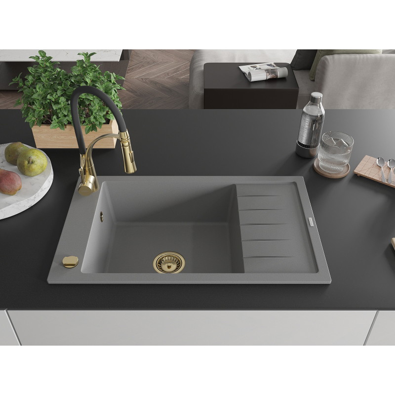 Mexen Elias granitspüle 1-becken mit abtropffläche und küchenarmatur Aster, grau - 6511-71-73450-57-G