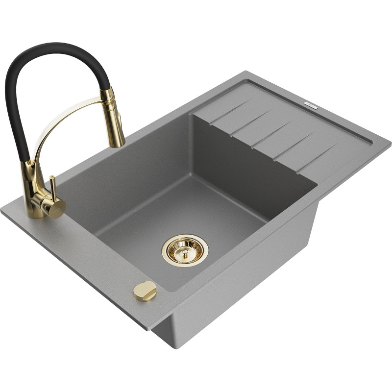 Mexen Elias granitspüle 1-becken mit abtropffläche und küchenarmatur Aster, grau - 6511-71-73450-57-G