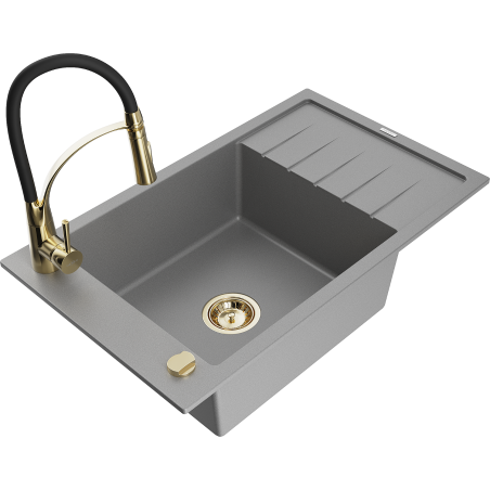 Mexen Elias granitspüle 1-becken mit abtropffläche und küchenarmatur Aster, grau - 6511-71-73450-57-G